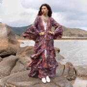 Plus Size Paisley Kimono Duster: Ruffle Boho Robe, Beach Cover Up - Bali