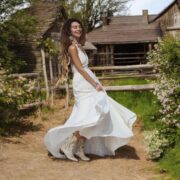 Boho Lace Wedding Dress: Cotton Bridal Gown, Deep V Halter - Saraphina - Image 9