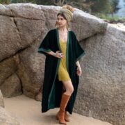 Silky Emerald Velvet Kimono Duster – Plus Size Boho Lace Maxi Robe | Misty by ZinniaPearl