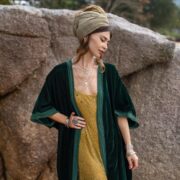 Silky Emerald Velvet Kimono Duster – Plus Size Boho Lace Maxi Robe | Misty by ZinniaPearl - Image 4