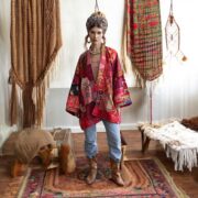 Quilted Silk Kimono Jacket: Fire Blossom Boho Patchwork Robe - Mei - Image 5