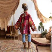 Quilted Silk Kimono Jacket: Fire Blossom Boho Patchwork Robe - Mei - Image 7