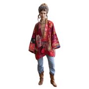 Quilted Silk Kimono Jacket: Fire Blossom Boho Patchwork Robe - Mei - Image 9