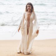 Raw Cotton Boho Maxi Kimono Duster: Ruffled Bridal Robe - Cara