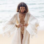 Raw Cotton Boho Maxi Kimono Duster: Ruffled Bridal Robe - Cara - Image 4