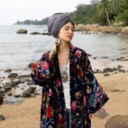 Plus Size Velvet Kimono Robe: Starlit Petals Boho Duster - Harper Jade - Image 4