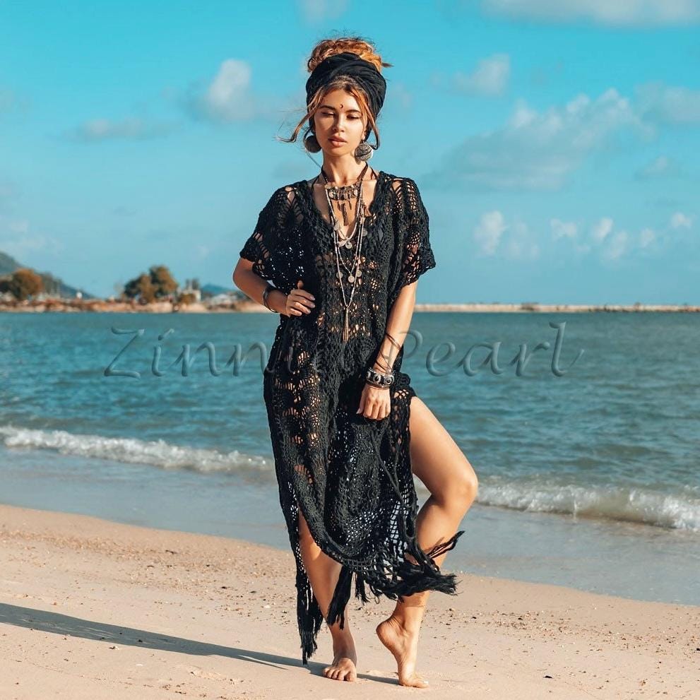 il_fullxfull.6713626458_sb2k.jpg Myko Cotton Hand Crochet Kaftan Tunic Dress Pullover Beach Coverup Festival Summer Dress Handmade - Image 1