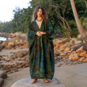 Plus Size Boho Kimono Duster: Green Patchwork Cotton Jacket - Veda