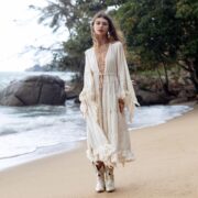 Raw Cotton Boho Maxi Kimono Duster: Ruffled Bridal Robe - Cara