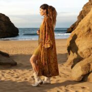 Plus Size Velvet Kimono Robe: Golden Petals Boho Duster - Harper jade - Image 6