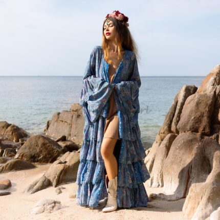 Silky Bali Kimono Robe: Sapphire Paisley Boho Duster, Plus Size