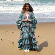 Plus Size Silky Kimono Duster: Azure Paisley Ruffle Robe - Bali - Image 5