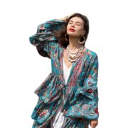 Plus Size Silky Kimono Duster: Azure Paisley Ruffle Robe - Bali - Image 10