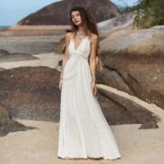 Boho Lace Wedding Dress: Cotton Bridal Gown, Deep V Halter - Saraphina