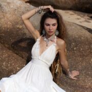 Boho Lace Wedding Dress: Cotton Bridal Gown, Deep V Halter - Saraphina - Image 6