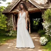 Boho Lace Wedding Dress: Cotton Bridal Gown, Deep V Halter - Saraphina - Image 7