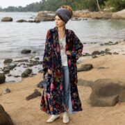 Plus Size Velvet Kimono Robe: Starlit Petals Boho Duster - Harper Jade