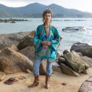 Silk Patchwork Kimono: Ocean Teal Quilted Boho Jacket - Mei