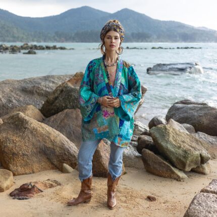 Silk Patchwork Kimono: Ocean Teal Quilted Boho Jacket - Mei