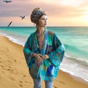 Silk Patchwork Kimono: Ocean Teal Quilted Boho Jacket - Mei - Image 8