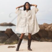 Plus Size Boho Button Down Dress – Bellina in Ivory Shell, Crinkle Cotton Tunic, Flowy Kaftan Cover Up, Oversized Beach Dress with Pockets