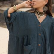Plus Size Boho Cotton Tunic: Indigo Palm Hand-Dyed Crinkle Gauze Dress - Bellina - Image 6
