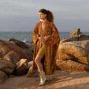 Plus Size Velvet Kimono Robe: Golden Petals Boho Duster - Harper jade