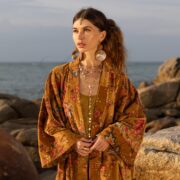 Plus Size Velvet Kimono Robe: Golden Petals Boho Duster - Harper jade - Image 4