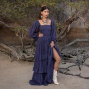 Indigo Twilight Boho Wedding Dress: Raw Cotton Tiered Gown, Plus Size - Isabella