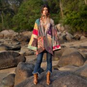 Boho Patchwork Kimono Jacket: Quilted Cotton Robe, Sunset Mirage - Mei - Image 5