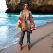 Boho Patchwork Kimono Jacket: Quilted Cotton Robe, Sunset Mirage - Mei