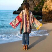 Boho Patchwork Kimono Jacket: Quilted Cotton Robe, Sunset Mirage - Mei - Image 3