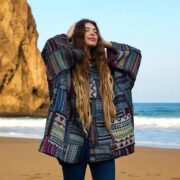 Boho Patchwork Kimono Jacket – Sahara Weave Mystic Indigo, Fleece Hood, Plus Size Festival Coat - Image 5