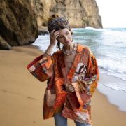 Boho Patchwork Silk Kimono Jacket: Sunfire Mosaic Quilted Artwear Robe - Mei - Image 8
