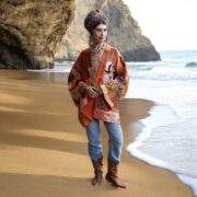 Boho Patchwork Silk Kimono Jacket: Sunfire Mosaic Quilted Artwear Robe - Mei - Image 5