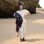 Handmade Tie-Dye Kaftan Dress: Beige Rainbow Fan, Ruffle Maxi Gown - Ema - Image 9