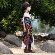 Handmade Tie-Dye Kaftan Dress: Beige Rainbow Fan, Ruffle Maxi Gown - Ema - Image 2