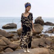 Plus Size Tie Dye Kaftan: Black Beige Boho Maxi Dress with Pockets - Nora