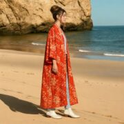 Vintage Silk Kimono Duster: Red Floral Boho Robe, Upcycled Sari Jacket - Mai - Image 6