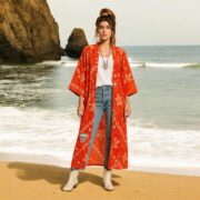Vintage Silk Kimono Duster: Red Floral Boho Robe, Upcycled Sari Jacket - Mai - Image 5