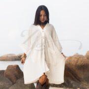 Plus Size Boho Button Down Dress – Bellina in Ivory Shell, Crinkle Cotton Tunic, Flowy Kaftan Cover Up, Oversized Beach Dress with Pockets - Image 4