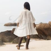 Plus Size Boho Button Down Dress – Bellina in Ivory Shell, Crinkle Cotton Tunic, Flowy Kaftan Cover Up, Oversized Beach Dress with Pockets - Image 3
