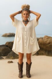 Plus Size Boho Button Down Dress – Bellina in Ivory Shell, Crinkle Cotton Tunic, Flowy Kaftan Cover Up, Oversized Beach Dress with Pockets - Image 6