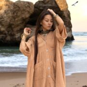 Boho Cotton Gauze Tunic Dress: Desert Clay Button Down Cover Up - Bellina - Image 9