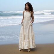 Handmade Boho Apron Maxi Dress: Moonstone Cream Patchwork Cotton Halter Sundress - Binsa - Image 9