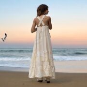 Handmade Boho Apron Maxi Dress: Moonstone Cream Patchwork Cotton Halter Sundress - Binsa - Image 8