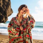 Plus Size Velvet Kimono Duster: Sage Ember Mandala Boho Robe - Mai - Image 4