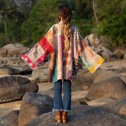 Boho Patchwork Kimono Jacket: Quilted Cotton Robe, Sunset Mirage - Mei - Image 7