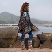 Boho Patchwork Kimono Jacket – Sahara Weave Mystic Indigo, Fleece Hood, Plus Size Festival Coat - Image 2