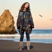 Boho Patchwork Kimono Jacket – Sahara Weave Mystic Indigo, Fleece Hood, Plus Size Festival Coat - Image 6